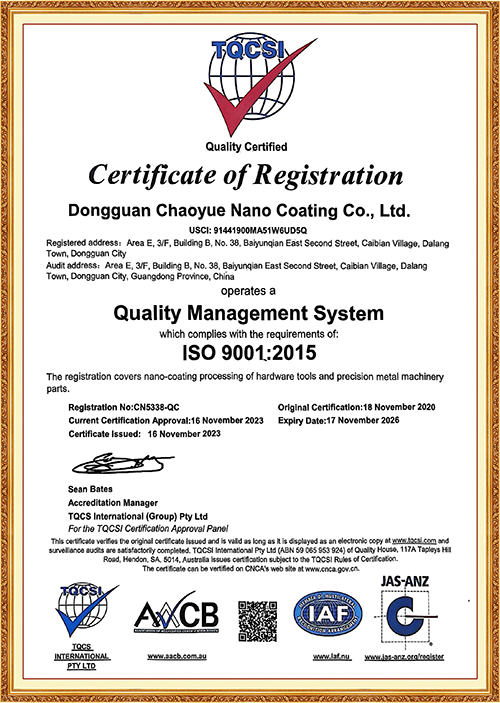 质量管理体系注册证书 东莞超越DLC涂层 东莞超越PVD涂层
